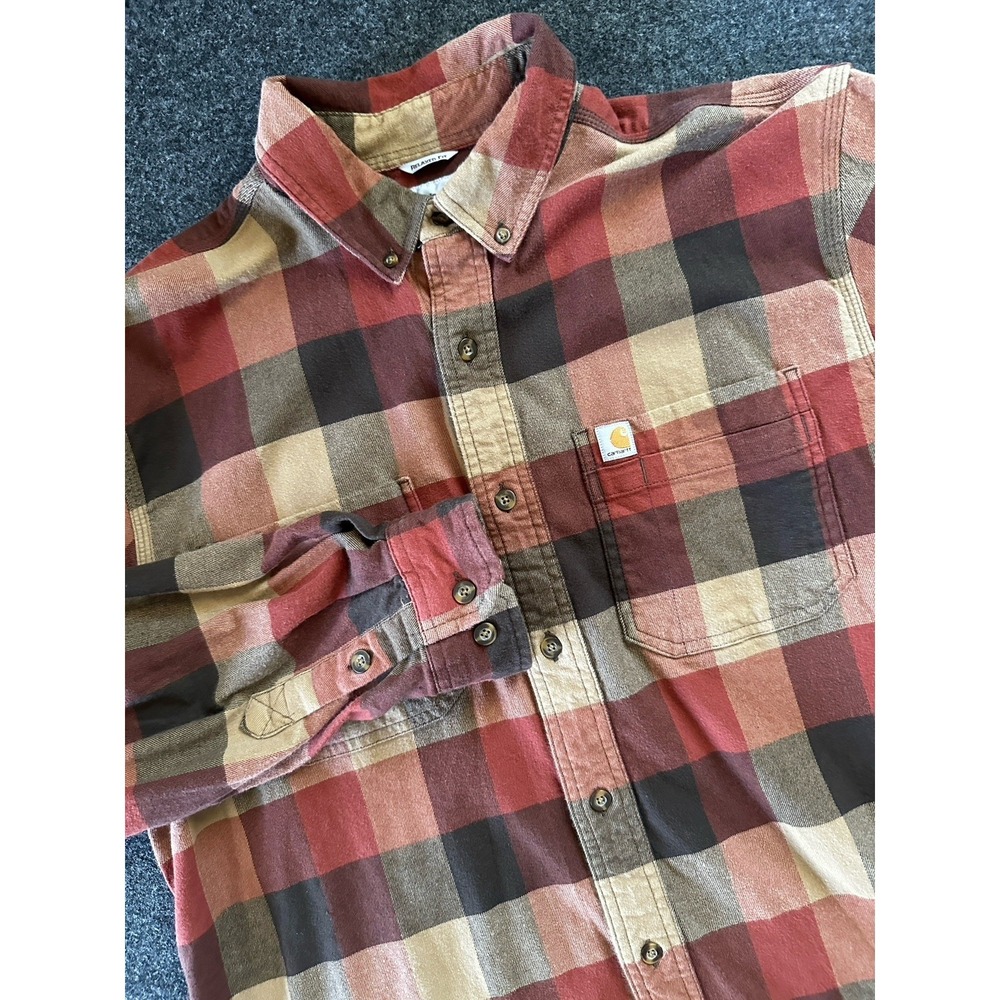 Carhartt Mens Relaxed Fit Plaid Flannel Shirt L Red Brown Button Down 104448 R18